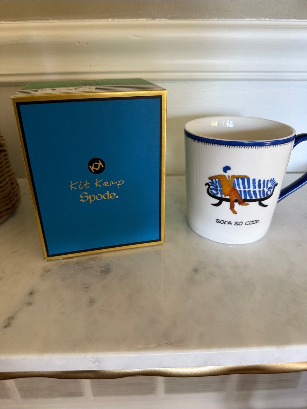 'Sofa So Good' Spode White and Blue Porcelain Mug